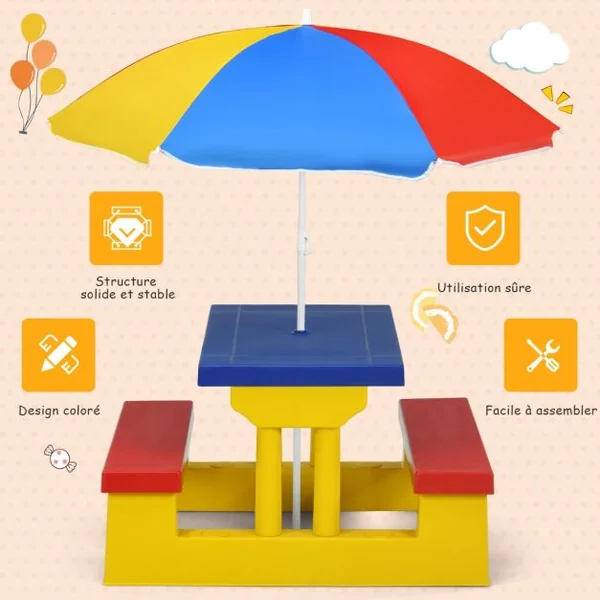 Ensemble de Salon de Jardin pour Enfant Ensemble Table et Banc pour Enfant avec Parasol en PP Multicolore/Rouge