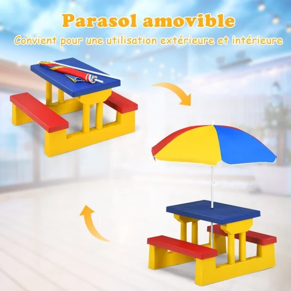 Ensemble de Salon de Jardin pour Enfant Ensemble Table et Banc pour Enfant avec Parasol en PP Multicolore/Rouge