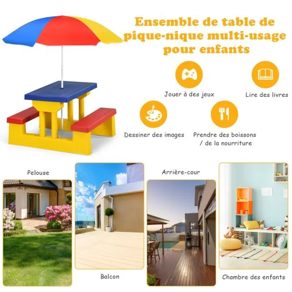 Ensemble de Salon de Jardin pour Enfant Ensemble Table et Banc pour Enfant avec Parasol en PP Multicolore/Rouge