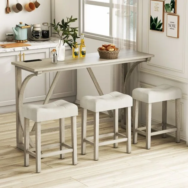 Ensemble de Table de Bar 4 Pièces en Bois d'Hévéa avec Prise de Courant à Hauteur de Comptoir Tabourets Rembourrés 150*48*92cm Gris