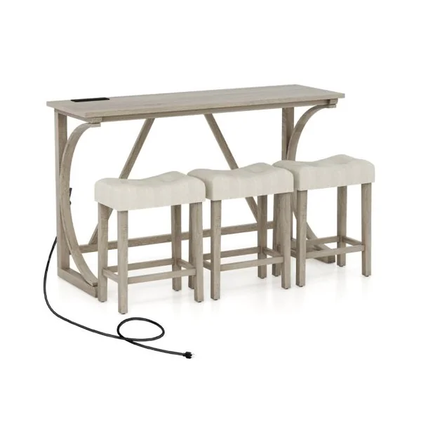 Ensemble de Table de Bar 4 Pièces en Bois d'Hévéa avec Prise de Courant à Hauteur de Comptoir Tabourets Rembourrés 150*48*92cm Gris