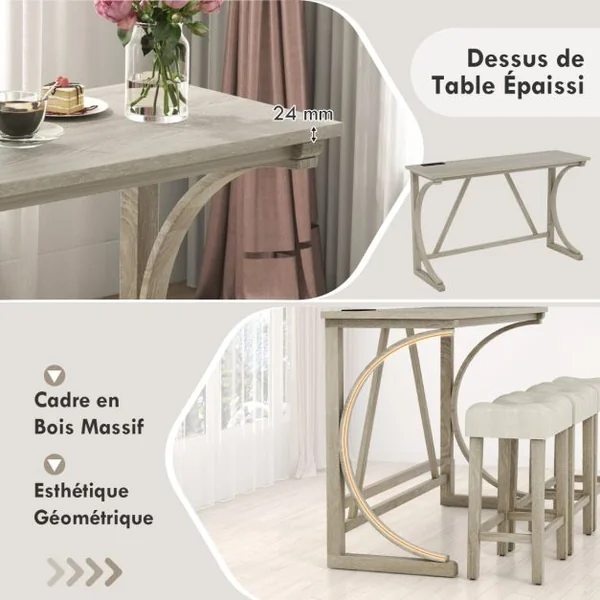 Ensemble de Table de Bar 4 Pièces en Bois d'Hévéa avec Prise de Courant à Hauteur de Comptoir Tabourets Rembourrés 150*48*92cm Gris