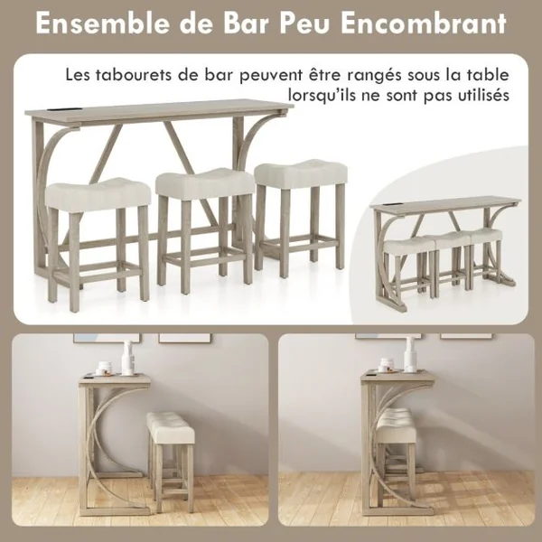 Ensemble de Table de Bar 4 Pièces en Bois d'Hévéa avec Prise de Courant à Hauteur de Comptoir Tabourets Rembourrés 150*48*92cm Gris