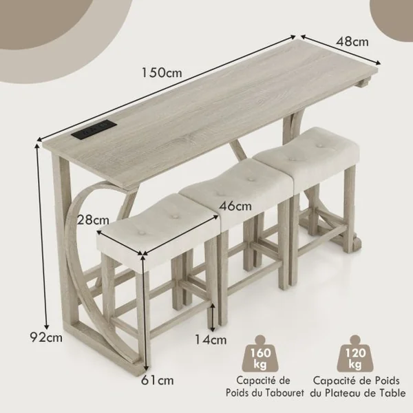 Ensemble de Table de Bar 4 Pièces en Bois d'Hévéa avec Prise de Courant à Hauteur de Comptoir Tabourets Rembourrés 150*48*92cm Gris