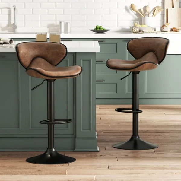 Ensemble de Tabourets de Bar Réglables en Hauteur de 2 Chaises de Bar Rembourrées avec Dossier Cadre en Métal Brun Rustique
