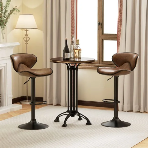 Ensemble de Tabourets de Bar Réglables en Hauteur de 2 Chaises de Bar Rembourrées avec Dossier Cadre en Métal Brun Rustique