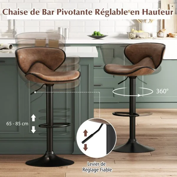 Ensemble de Tabourets de Bar Réglables en Hauteur de 2 Chaises de Bar Rembourrées avec Dossier Cadre en Métal Brun Rustique