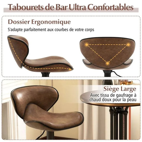 Ensemble de Tabourets de Bar Réglables en Hauteur de 2 Chaises de Bar Rembourrées avec Dossier Cadre en Métal Brun Rustique