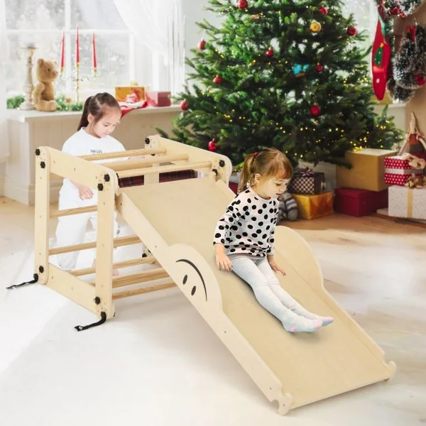 Ensemble d'Escalade Montessori pour Tout-petits Jouets d'Escalade Pliables en Bois Rampe Bascule Réglable et Réversible Rochers Colorés/Gris/Naturel
