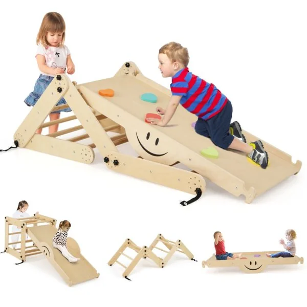 Ensemble d'Escalade Montessori pour Tout-petits Jouets d'Escalade Pliables en Bois Rampe Bascule Réglable et Réversible Rochers Colorés/Gris/Naturel