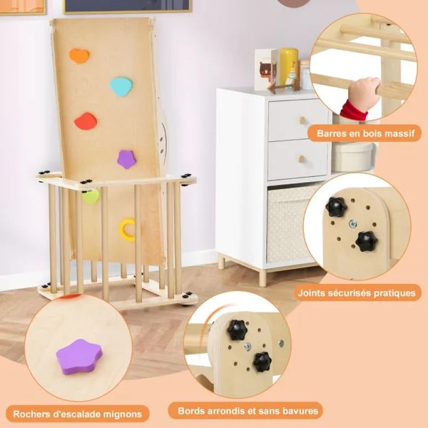 Ensemble d'Escalade Montessori pour Tout-petits Jouets d'Escalade Pliables en Bois Rampe Bascule Réglable et Réversible Rochers Colorés/Gris/Naturel