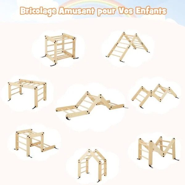 Ensemble d'Escalade Montessori pour Tout-petits Jouets d'Escalade Pliables en Bois Rampe Bascule Réglable et Réversible Rochers Colorés/Gris/Naturel