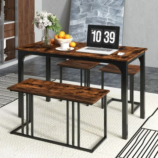 Ensemble Table de Cuisine 2 Banc 2 Tabourets Style Industriel Cadre en Métal Marron Rustique et Noir/Marron