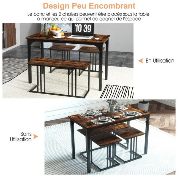 Ensemble Table de Cuisine 2 Banc 2 Tabourets Style Industriel Cadre en Métal Marron Rustique et Noir/Marron