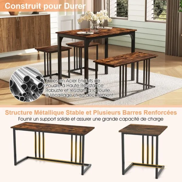 Ensemble Table de Cuisine 2 Banc 2 Tabourets Style Industriel Cadre en Métal Marron Rustique et Noir/Marron
