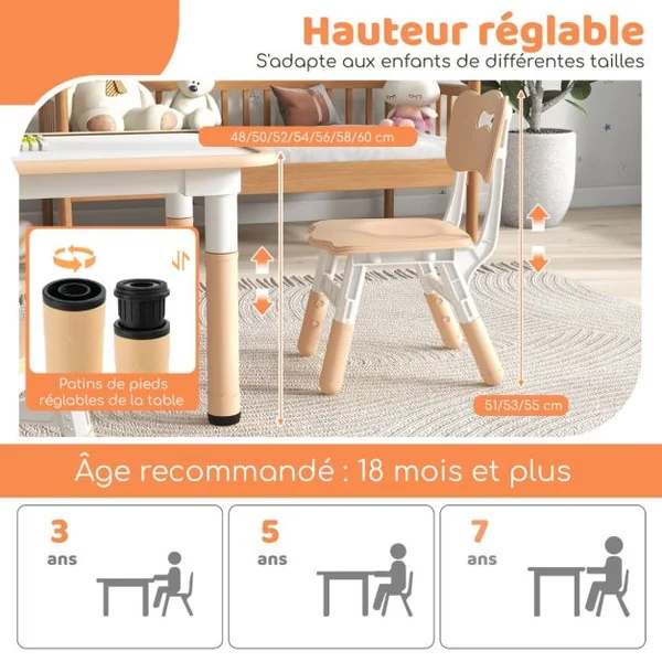 Ensemble Table Enfant et 4 Chaises Bureau Réglable en Hauteur avec Plateau Graffiti Pieds Antidérapants Table Multifonction Vert/Naturel/Rose