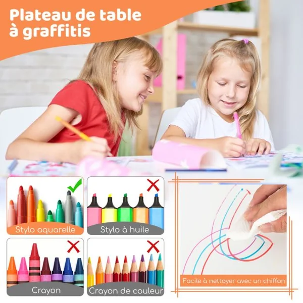 Ensemble Table Enfant et 4 Chaises Bureau Réglable en Hauteur avec Plateau Graffiti Pieds Antidérapants Table Multifonction Vert/Naturel/Rose