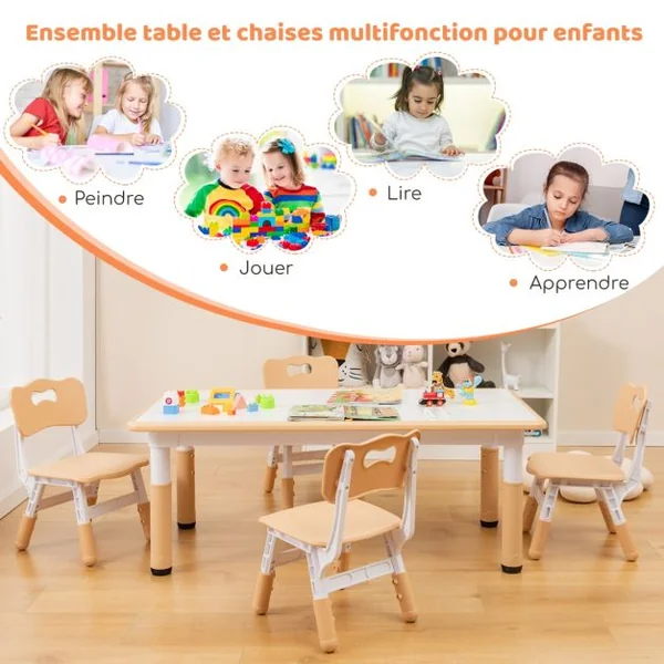 Ensemble Table Enfant et 4 Chaises Bureau Réglable en Hauteur avec Plateau Graffiti Pieds Antidérapants Table Multifonction Vert/Naturel/Rose