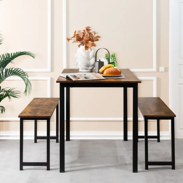 Ensemble Table et 2 Bancs Salle à Manger Industrielle 4-6 Personnes Table L 110 x l 70 x H 75 cm Cadre en Métal Naturel/Café