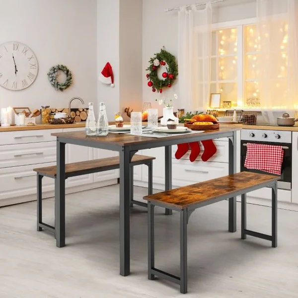 Ensemble Table et 2 Bancs Salle à Manger Industrielle 4-6 Personnes Table L 110 x l 70 x H 75 cm Cadre en Métal Naturel/Café