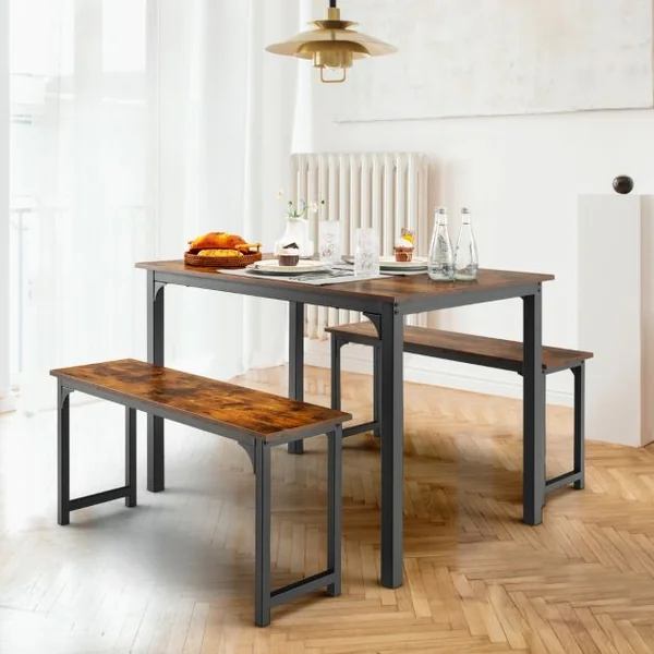 Ensemble Table et 2 Bancs Salle à Manger Industrielle 4-6 Personnes Table L 110 x l 70 x H 75 cm Cadre en Métal Naturel/Café