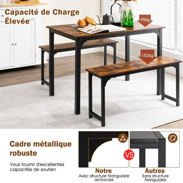Ensemble Table et 2 Bancs Salle à Manger Industrielle 4-6 Personnes Table L 110 x l 70 x H 75 cm Cadre en Métal Naturel/Café