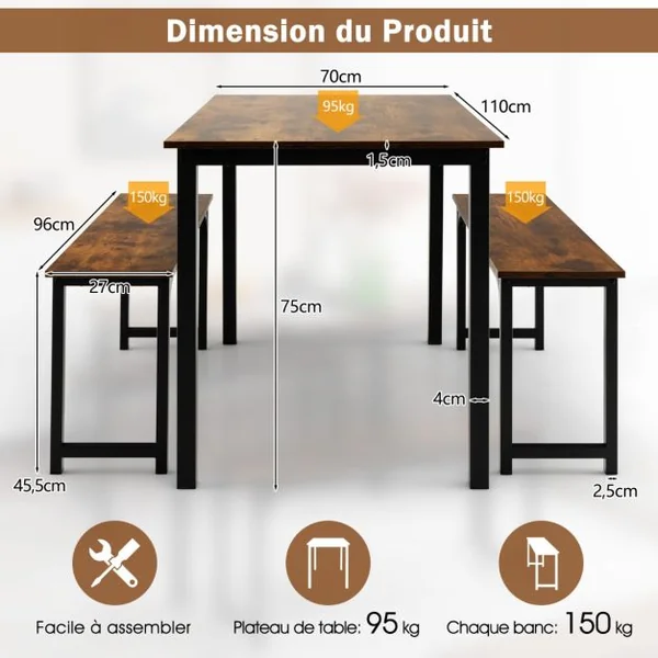 Ensemble Table et 2 Bancs Salle à Manger Industrielle 4-6 Personnes Table L 110 x l 70 x H 75 cm Cadre en Métal Naturel/Café
