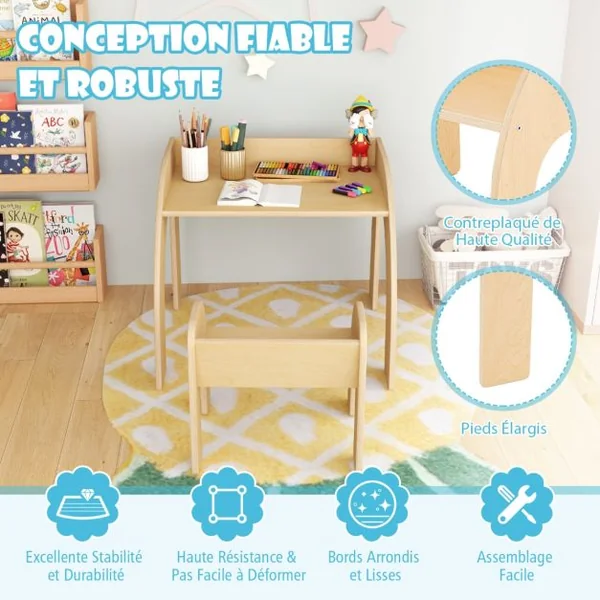 Ensemble Table et Chaise pour Enfants Mignon Ensemble Table et Chaise d'Activité avec Grand Plateau Bords Arrondis Naturel/Blanc