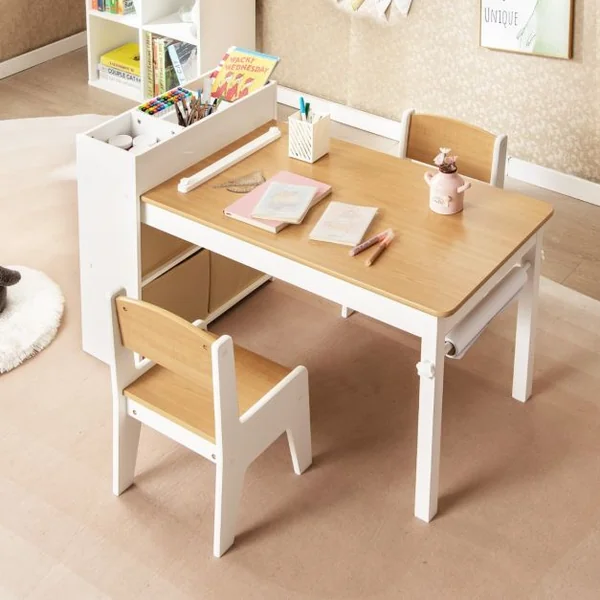 Ensemble Table et Chaises pour Enfants Table à Dessin avec 2 Chaises Support et Rouleau de Papier Rangements Gris/Naturel/Blanc