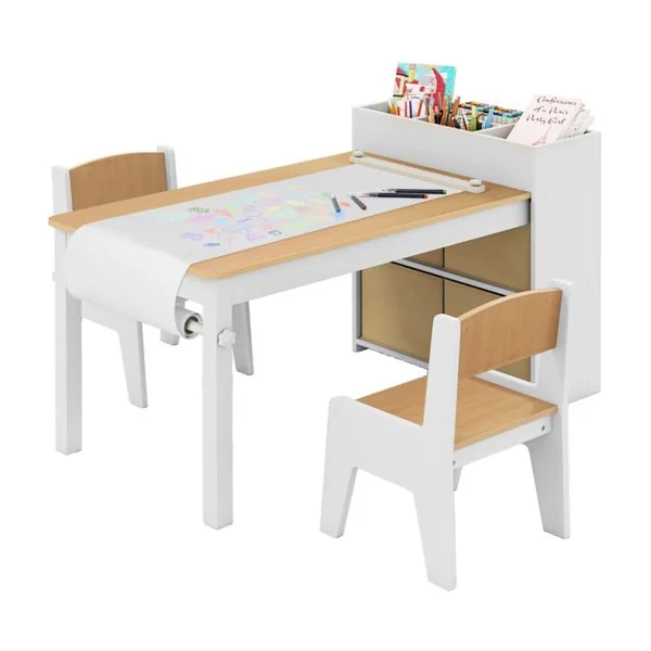 Ensemble Table et Chaises pour Enfants Table à Dessin avec 2 Chaises Support et Rouleau de Papier Rangements Gris/Naturel/Blanc