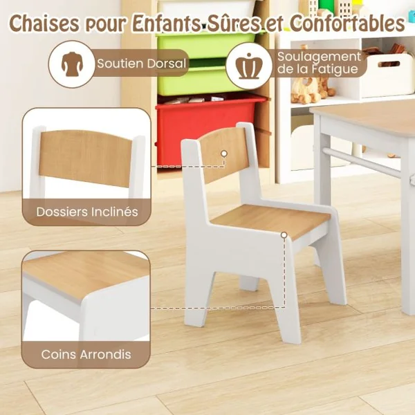 Ensemble Table et Chaises pour Enfants Table à Dessin avec 2 Chaises Support et Rouleau de Papier Rangements Gris/Naturel/Blanc