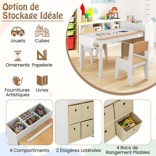 Ensemble Table et Chaises pour Enfants Table à Dessin avec 2 Chaises Support et Rouleau de Papier Rangements Gris/Naturel/Blanc