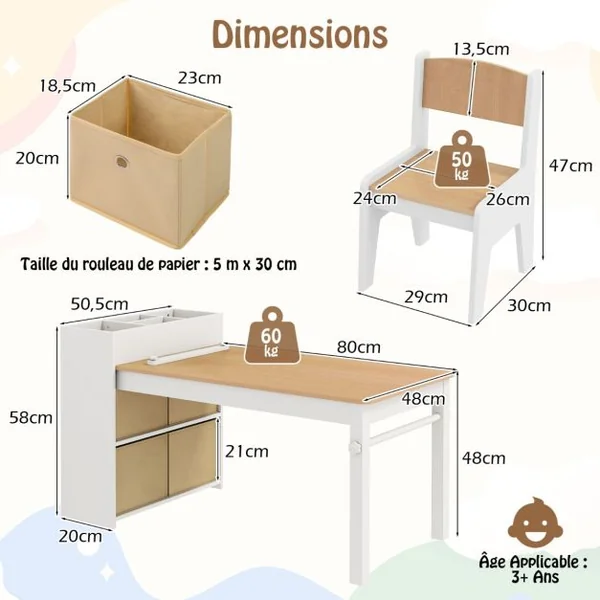Ensemble Table et Chaises pour Enfants Table à Dessin avec 2 Chaises Support et Rouleau de Papier Rangements Gris/Naturel/Blanc