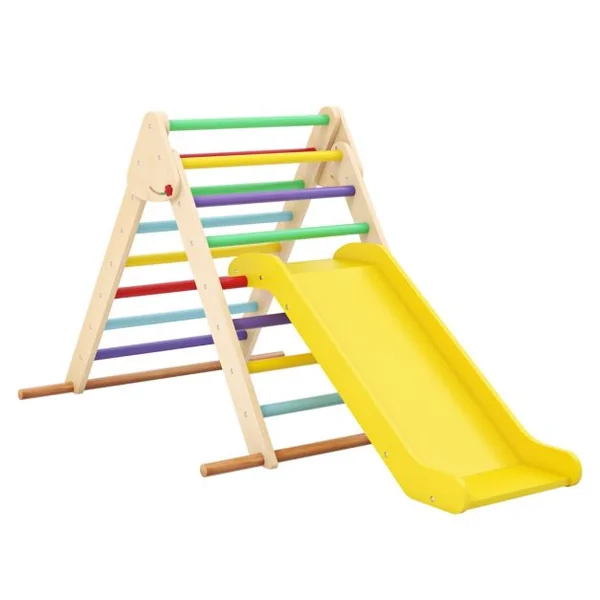 Ensemble Triangle Pikler Escaladeur Triangle Pliable avec Toboggan & Barres en Bois de Hêtre Solide Aire de Jeux pour 1 An et Plus Naturel/Coloré