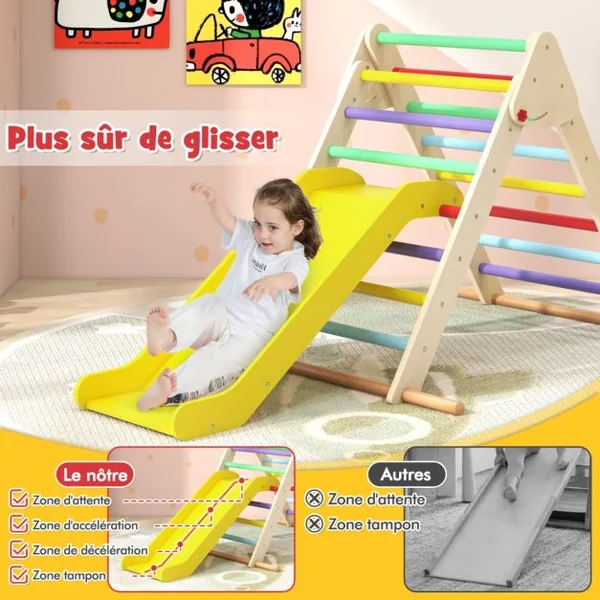 Ensemble Triangle Pikler Escaladeur Triangle Pliable avec Toboggan & Barres en Bois de Hêtre Solide Aire de Jeux pour 1 An et Plus Naturel/Coloré