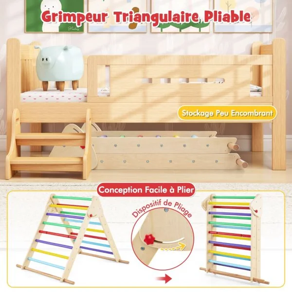 Ensemble Triangle Pikler Escaladeur Triangle Pliable avec Toboggan & Barres en Bois de Hêtre Solide Aire de Jeux pour 1 An et Plus Naturel/Coloré