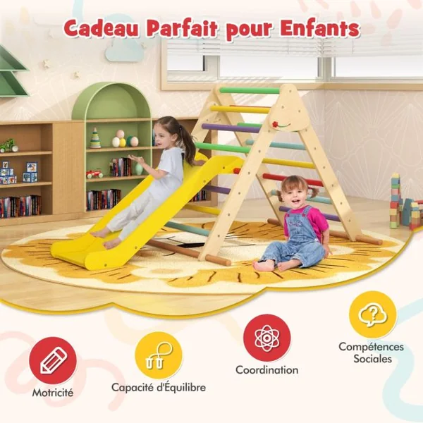 Ensemble Triangle Pikler Escaladeur Triangle Pliable avec Toboggan & Barres en Bois de Hêtre Solide Aire de Jeux pour 1 An et Plus Naturel/Coloré