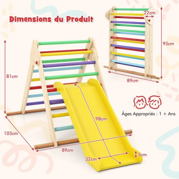 Ensemble Triangle Pikler Escaladeur Triangle Pliable avec Toboggan & Barres en Bois de Hêtre Solide Aire de Jeux pour 1 An et Plus Naturel/Coloré