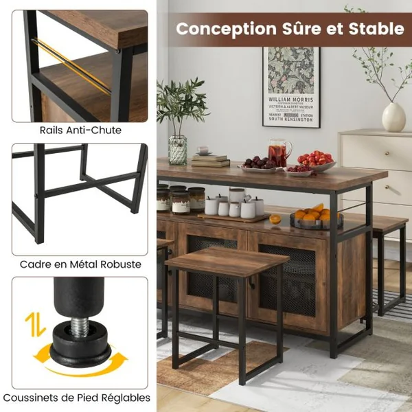 Ensemble Îlot de Cuisine 4 Pièces Table et Chaises à Manger avec Banc et Rangement Cadre en Métal Étagères Réglables en 3 Positions Marron