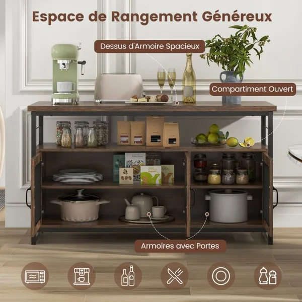 Ensemble Îlot de Cuisine 4 Pièces Table et Chaises à Manger avec Banc et Rangement Cadre en Métal Étagères Réglables en 3 Positions Marron
