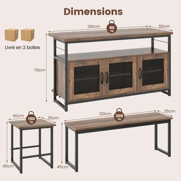Ensemble Îlot de Cuisine 4 Pièces Table et Chaises à Manger avec Banc et Rangement Cadre en Métal Étagères Réglables en 3 Positions Marron