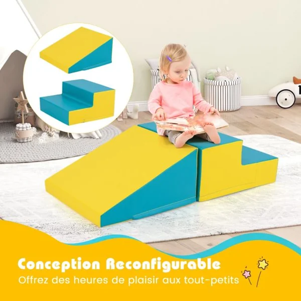 Escalier et Toboggan pour Nourrissons et Tout-Petits Ensemble de Jeux Doux pour Enfants Blocs en Mousse Douce Vert et Jaune