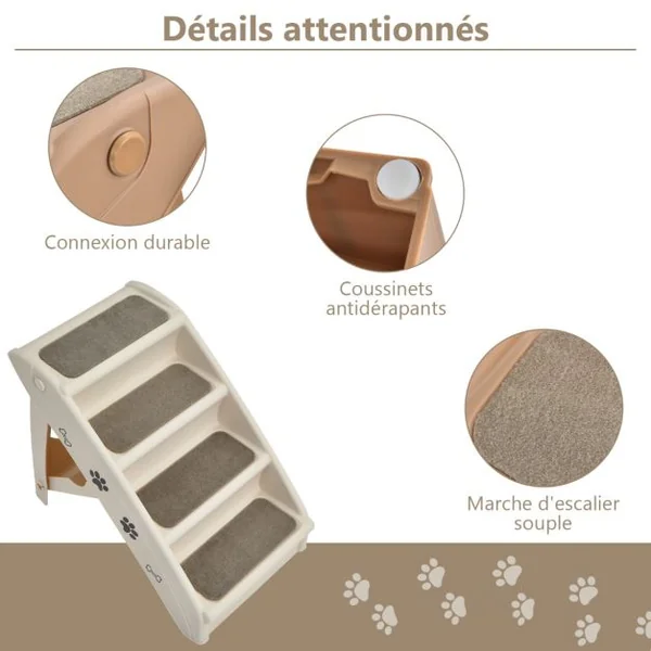 Escalier pour Chien Pliant à 4 Marches en Plastique Charge 60KG 64 x 39 x 49 cm Feutre Doux Chiens et Chats Café/Beige/Gris