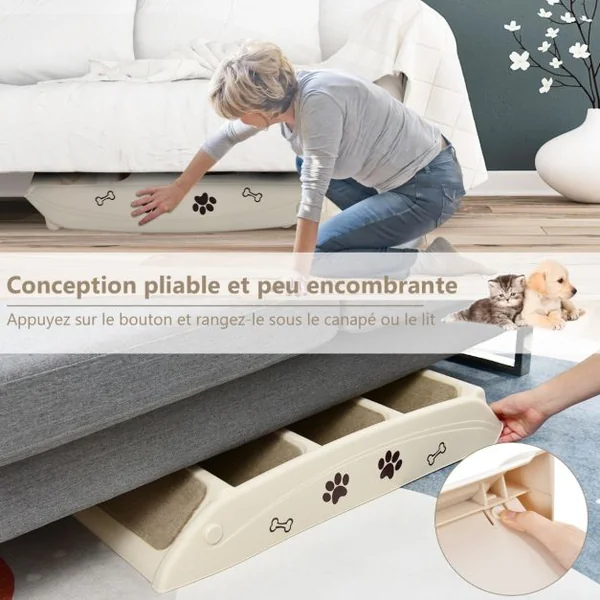 Escalier pour Chien Pliant à 4 Marches en Plastique Charge 60KG 64 x 39 x 49 cm Feutre Doux Chiens et Chats Café/Beige/Gris
