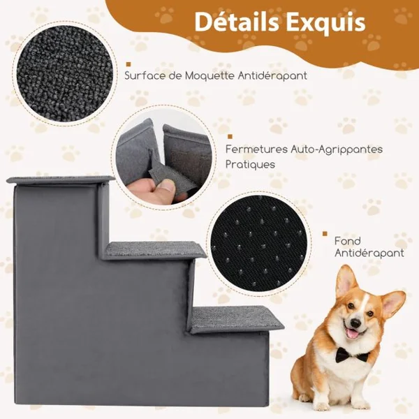 Escalier pour Chien pour Lit Haut Canapé Sofa Rampe Pliable à 3 Étapes avec Condo Fond Antidérapant Échelle de Grimpe Gris