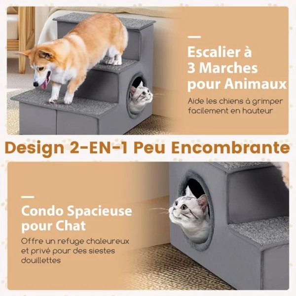 Escalier pour Chien pour Lit Haut Canapé Sofa Rampe Pliable à 3 Étapes avec Condo Fond Antidérapant Échelle de Grimpe Gris