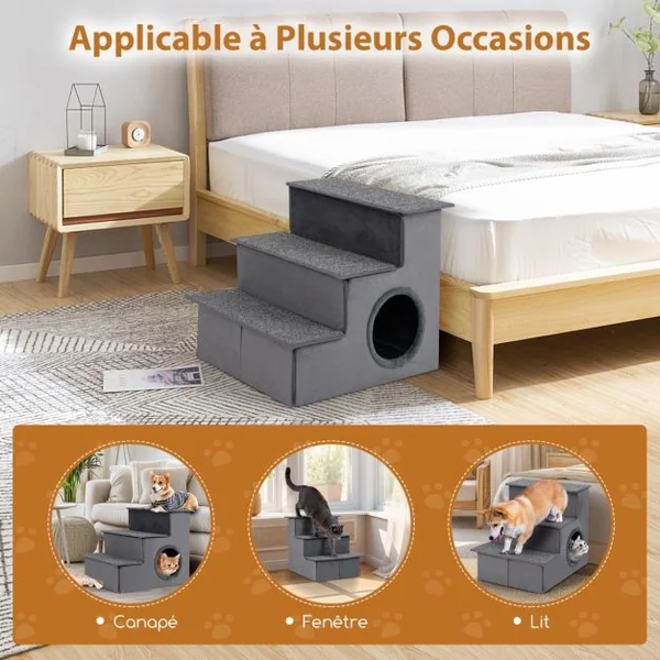 Escalier pour Chien pour Lit Haut Canapé Sofa Rampe Pliable à 3 Étapes avec Condo Fond Antidérapant Échelle de Grimpe Gris