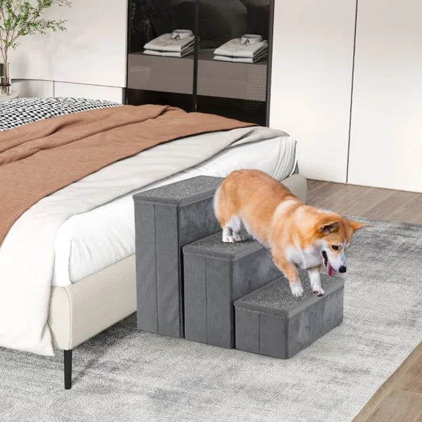 Escalier pour Chien à 3 Marches Rampe pour Chien Pliable Antidérapante pour Lits Canapés Canapés-lits Échelle Portable Gris