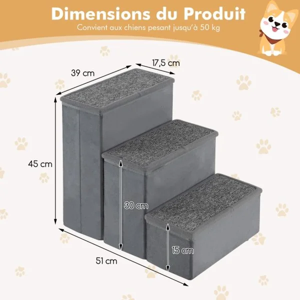 Escalier pour Chien à 3 Marches Rampe pour Chien Pliable Antidérapante pour Lits Canapés Canapés-lits Échelle Portable Gris