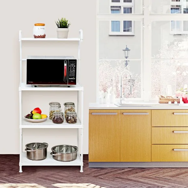 Etagère de Cuisine à 4 Niveaux Multifonctionnelle 60 x 34,5 x 136 CM Pieds Réglables Gris/Blanc/Noir